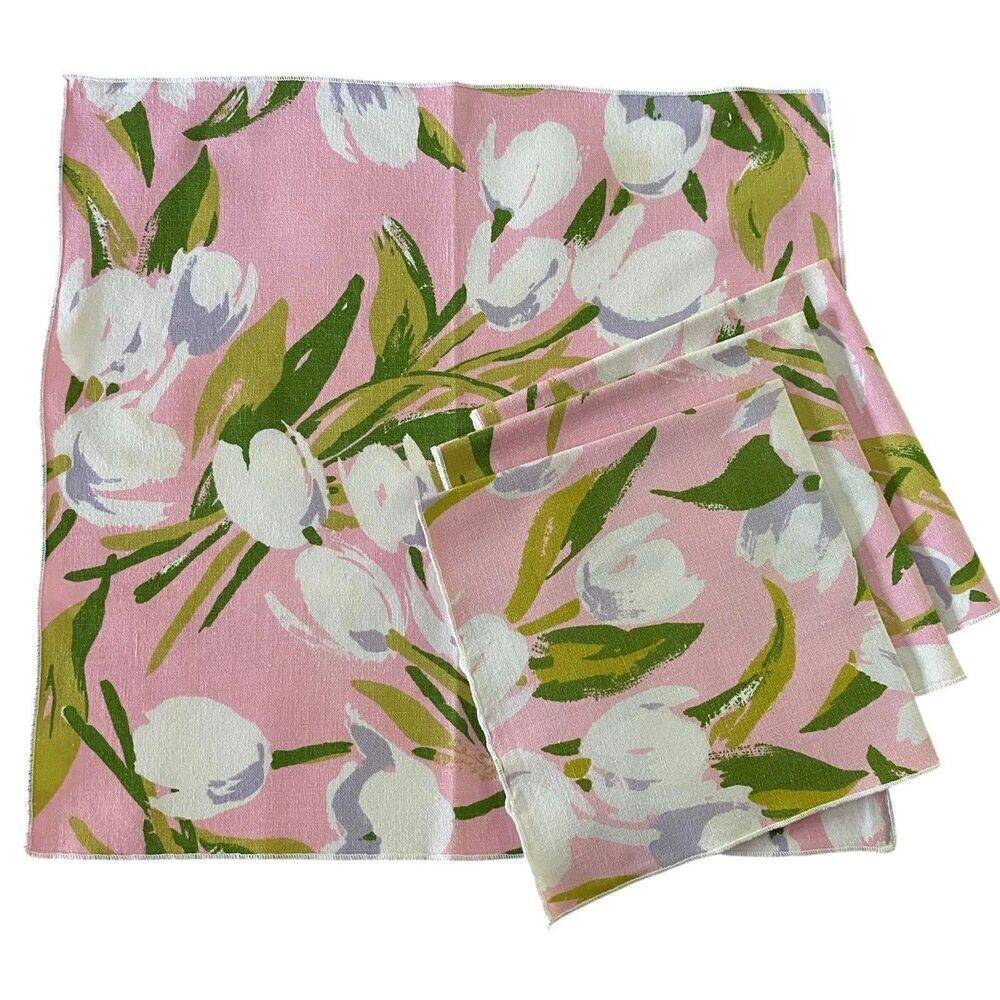 Lot of 4 Linen Napkins Pink Tulips Floral  Cloth 16" x 15.5" Dining Luncheon